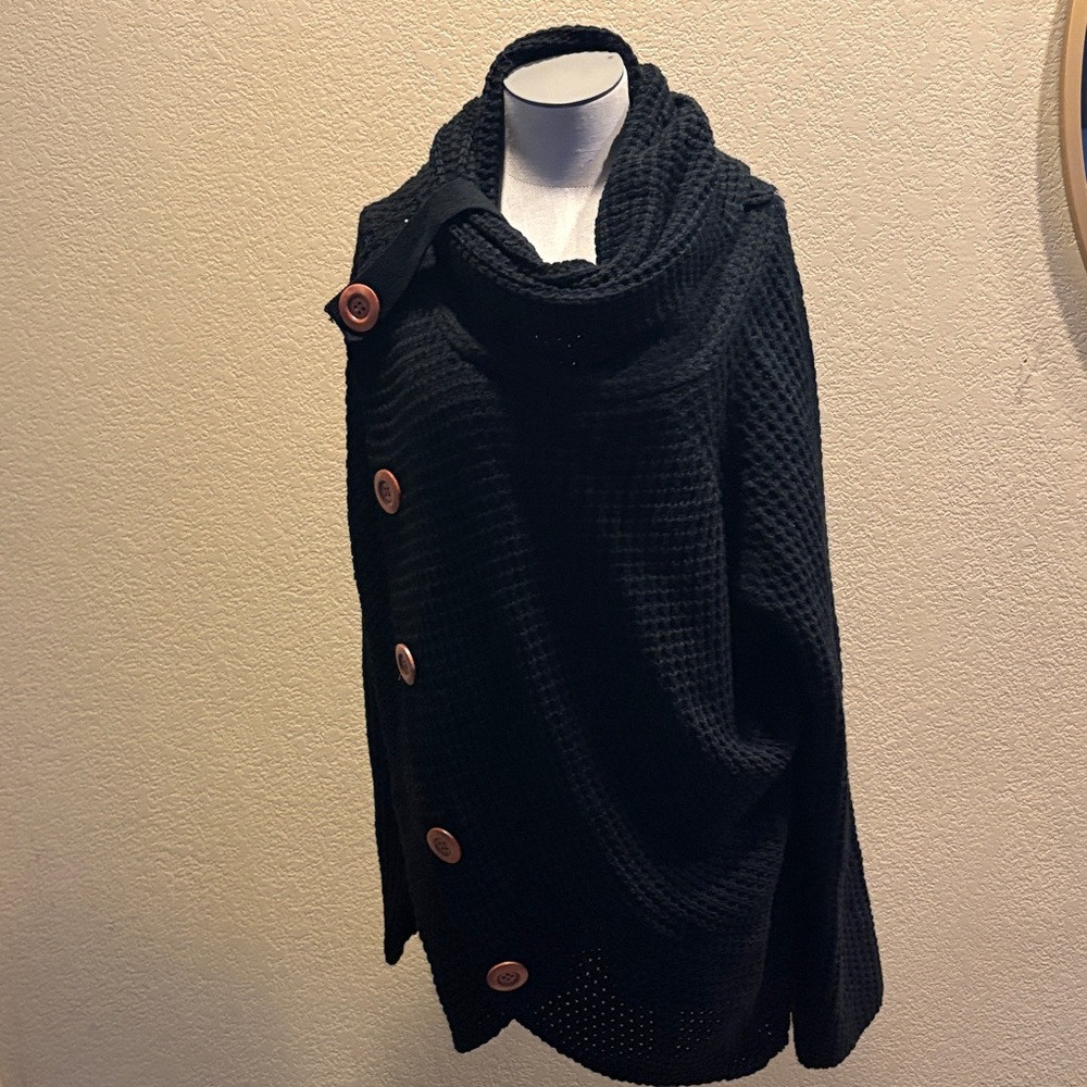Women’s Black Button-Front Waffle Knit Poncho Sweater
